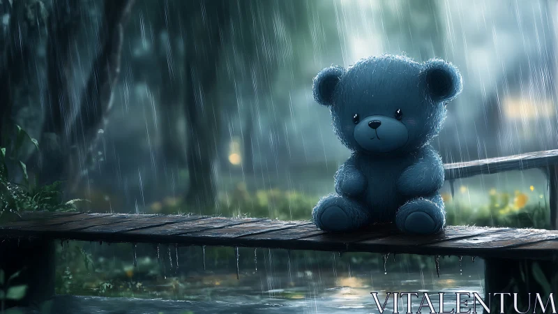 Rain-soaked blue teddy waiting on a lonely woodland bridge.