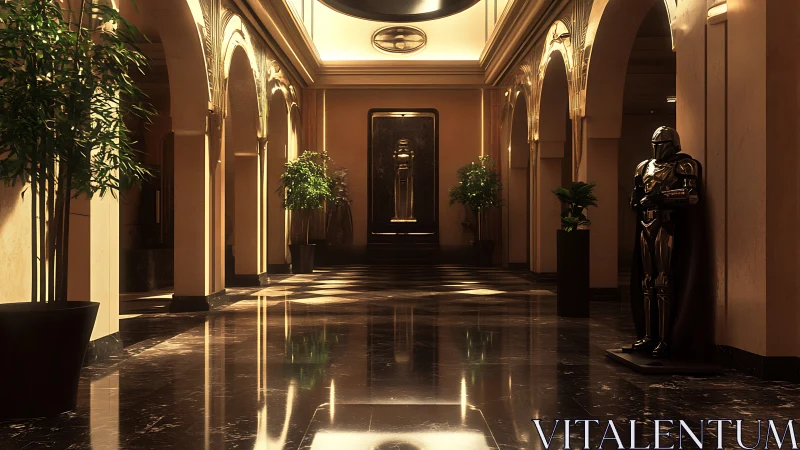 Elegant Sanctuary with Glowing Archways and Artistic Sculptures