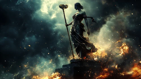 Blindfolded warrior statue stands amid fire and storm clouds