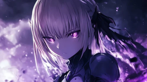 Dark anime warrior with glowing violet eyes and aura.