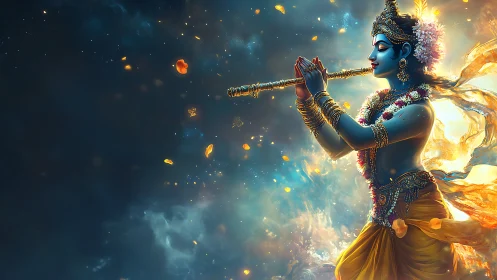 Divine blue-skinned figure playing flute in glowing cosmos.