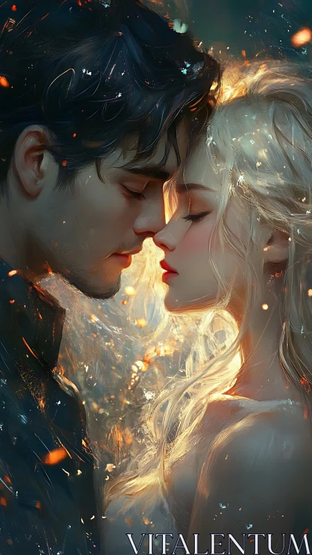 Two Figures in Luminous Embrace with Fire