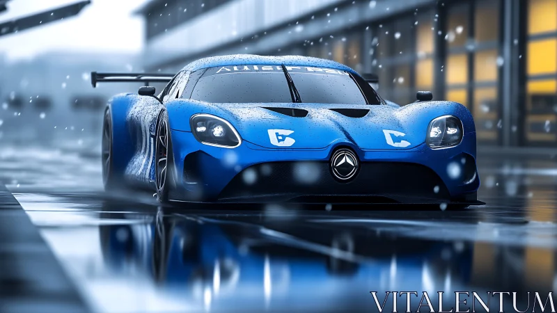 Photoreal track-ready blue race car in wet pit lane focus.