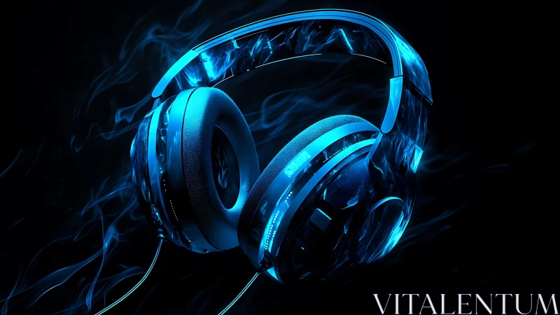 Glowing blue over ear headphones on dark abstract background.