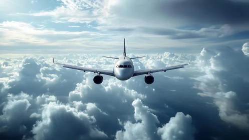 Passenger jet cruising above dramatic sunlit cloud sea.