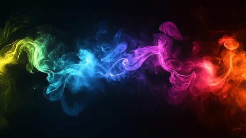 Horizontal band of multicolored luminous smoke on black.