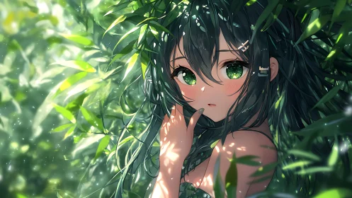 Green haired anime girl partially concealed by dense foliage.