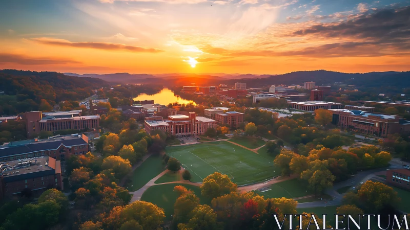 Sunlit university campus skyline over river at golden hour.