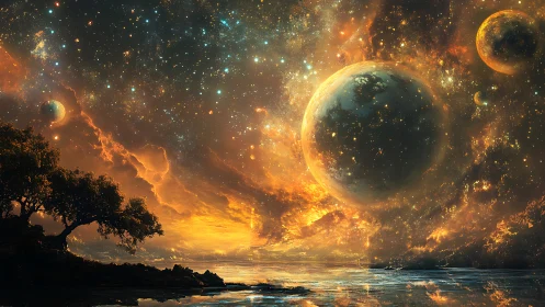 Planetary nebula sky over reflective alien shoreline with luminous haze