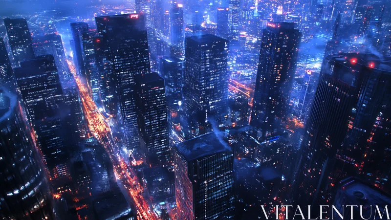 Futuristic night city skyline with dense neon traffic.