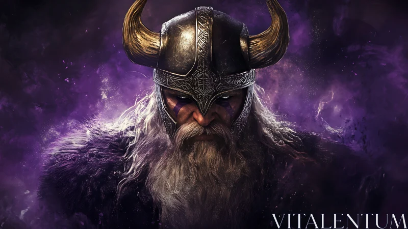 Helm-shadowed Viking warlord in luminescent violet stormfield.