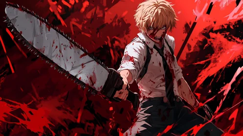 Bloodied anime fighter thrusts large chainsaw toward viewer
