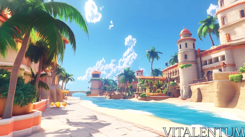 Mediterranean Resort Architecture with Palms and Waterway