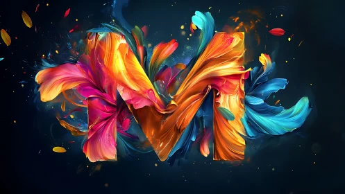 Chromatic M monogram with explosive fluid-swatch dynamics.