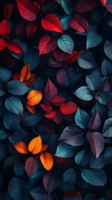 Vibrant red and teal foliage forms dense abstract leaf tapestry