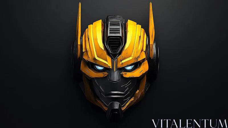 Robotic yellow faceplate is centered against a dark background
