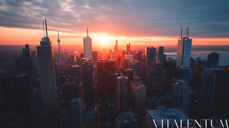 Sunrise backlights dense high‑rise skyline with dramatic cloud ceiling