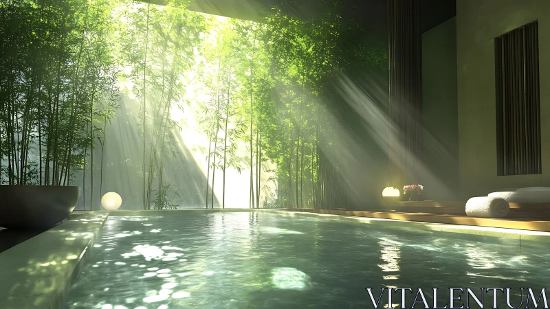 Photorealistic zen pool with bamboo light garden interior design.