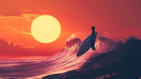 Sunset surfer pausing atop painted neon tide.