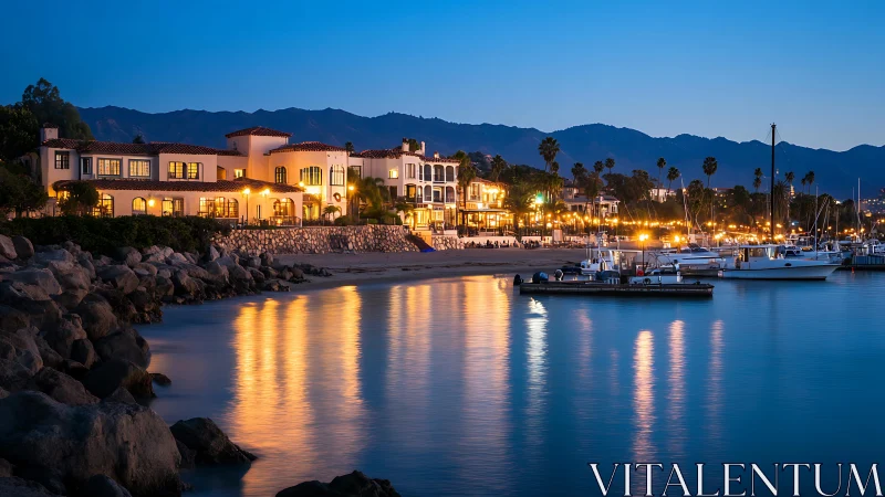Coastal luxury homes illuminate twilight harbor. Mediterranean architecture reflects golden light.