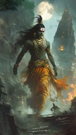 Moonlit titan strides through temple storms of myth and fire