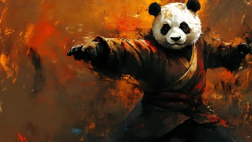 Dynamic warrior panda in expressive digital painting style.