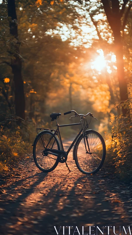 Bicycle on Forest Path Under Golden Hour Illumination.