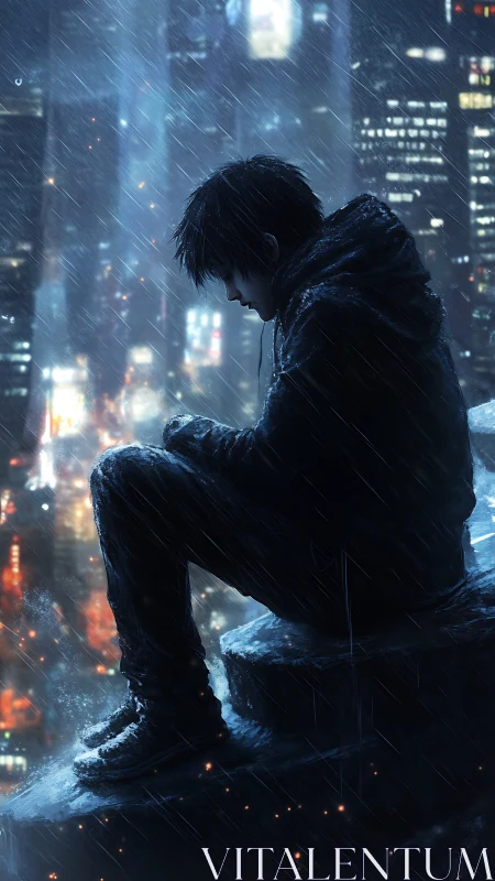 Solitary figure endures neon city rain in quiet reflection.