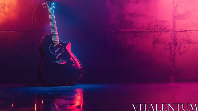 Black acoustic guitar under neon pink and blue studio light.