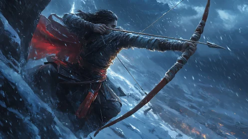 Archer braces on icy cliff, drawing longbow in blizzard crosswind
