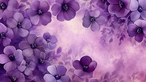 Purple floral composition with dimensional petal layering and jeweled centers.
