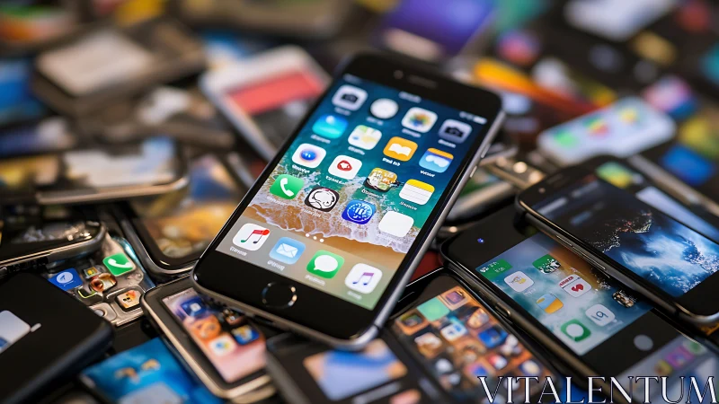 Modern touchscreen smartphone dominates layered legacy mobile pile