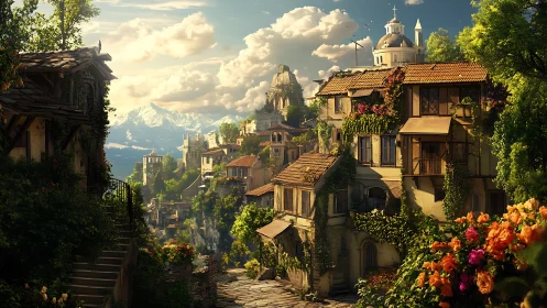 Sunlit terraced village overlooking distant snowy peaks.