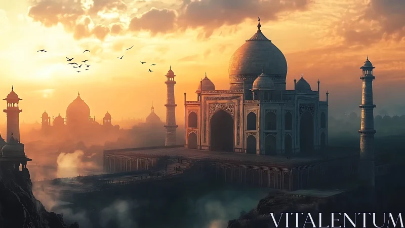 Sunlit marble kingdom rising through dreamy river mist.