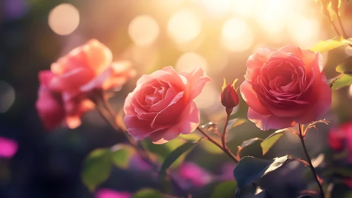 Radiant Roses Bathed in Golden Sunlight and Bokeh