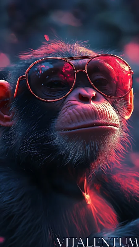 Sunglasses simian soaks in neon dusk with quiet swagger.