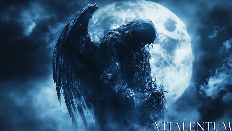 Winged shadow figure against full moon in dense blue mist.