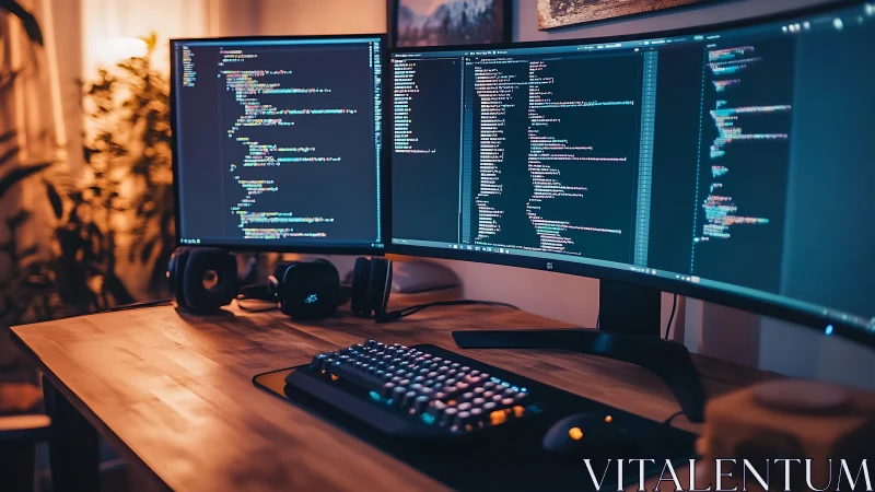 Cozy coding workstation with glowing ultrawide screens.