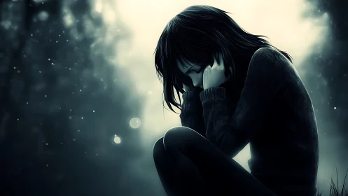 Quiet storm of feelings in a softly glowing twilight forest.