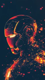 Stylized glowing armored figure in profile with sparks.