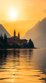Sunlit lakeside village with silhouetted church and layered mountains