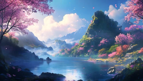 Mountain lake reflects cherry blossoms under bright clouds