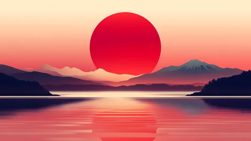 Crimson sun descends over tranquil minimalist mountainscape