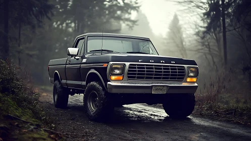 Classic pickup truck pauses on a misty forest backroad