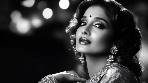 Monochrome cinematic portrait with luminous bokeh accents.