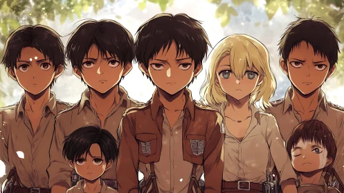 Symmetrical anime lineup depicts seven youths in military uniforms