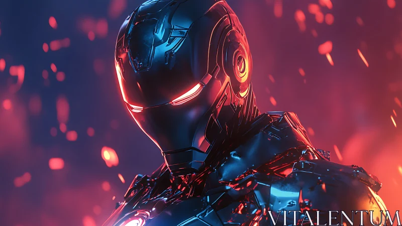 Fierce chrome armored android stands in glowing ember storm