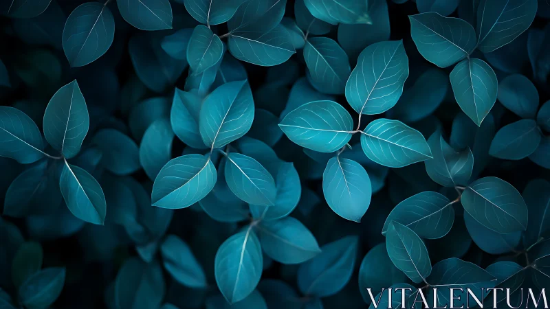 Teal foliage glows softly in moody abstract forest pattern.