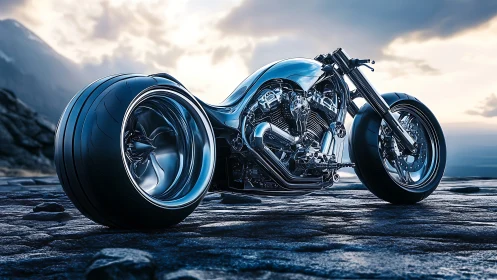 Chrome titan motorcycle lounges beneath storm-bruised skies