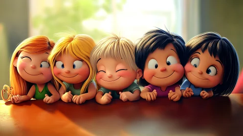 Five cheerful friends smiling together in warm sunlit room.